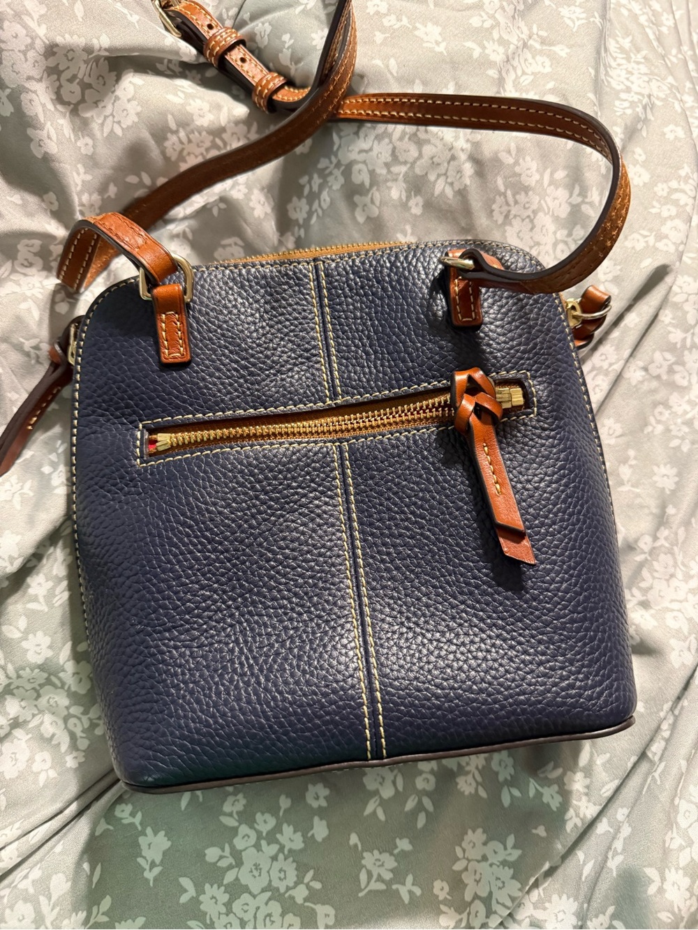 Dooney & Bourke Navy Pebbled Leather Crossbody with Brown Trim - Picture 3 of 4
